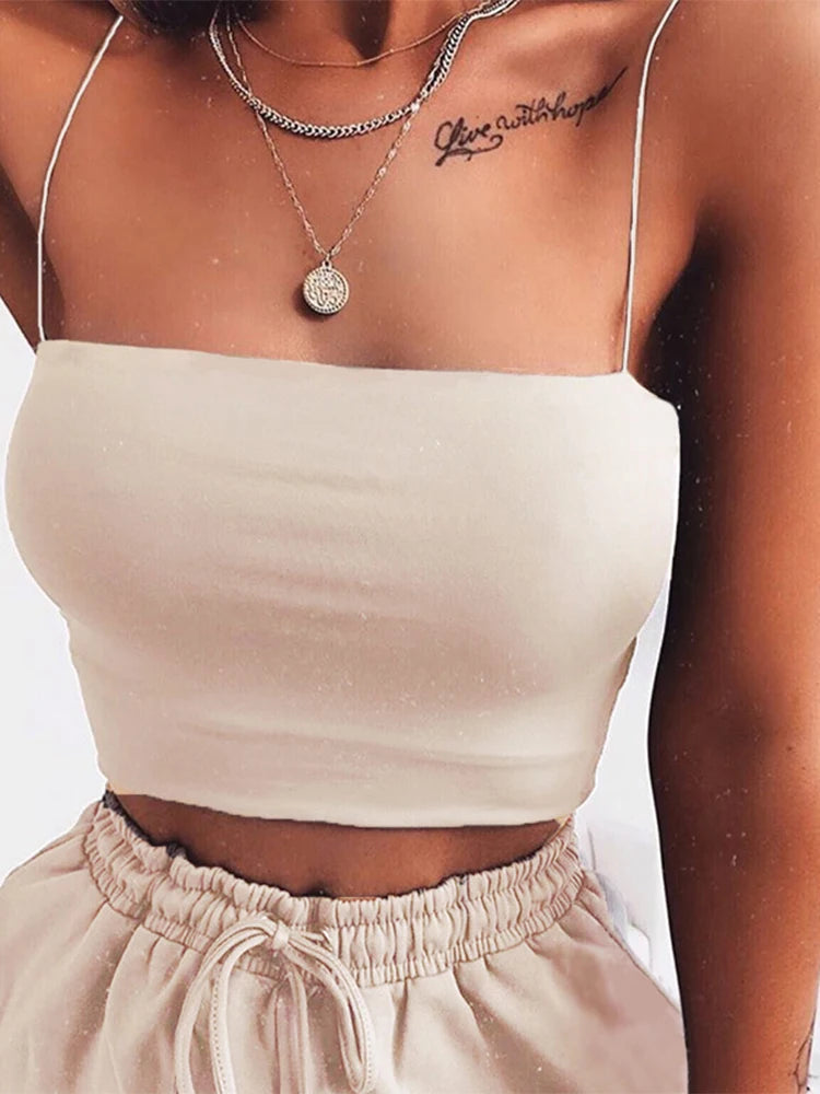 2024 New Fashion Women Spaghetti Strap Crop Top Sexy Bodycon Sleeveless Cami Tube Top Basic Plain Camisole - Matrix-studios.com