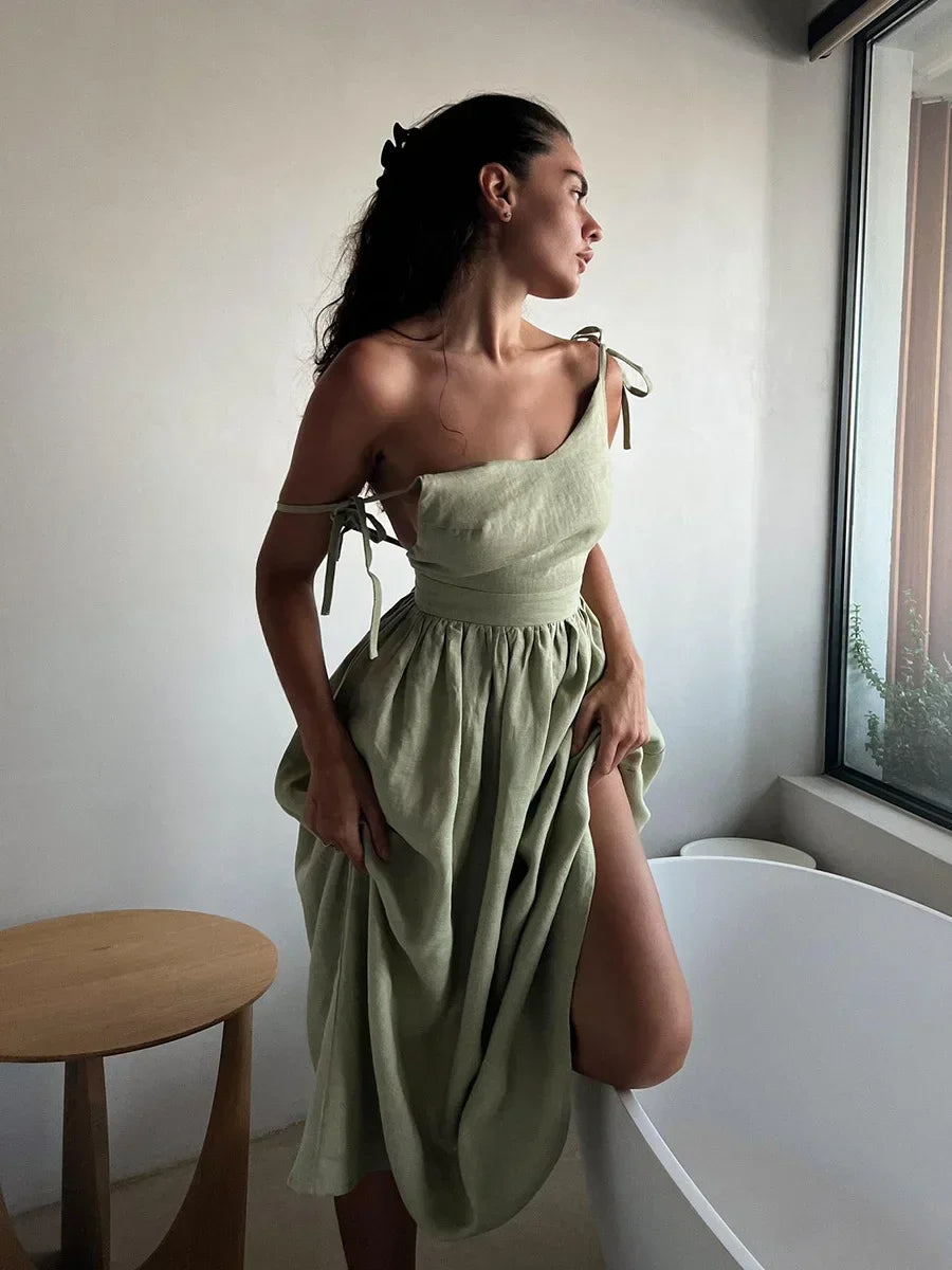 Bornladies Spring Summer Beach Style Women Dress Vintage Loose A-line Sling Dress Sexy Hot Girl 100% Cotton V-neck Dress - Matrix-studios.com