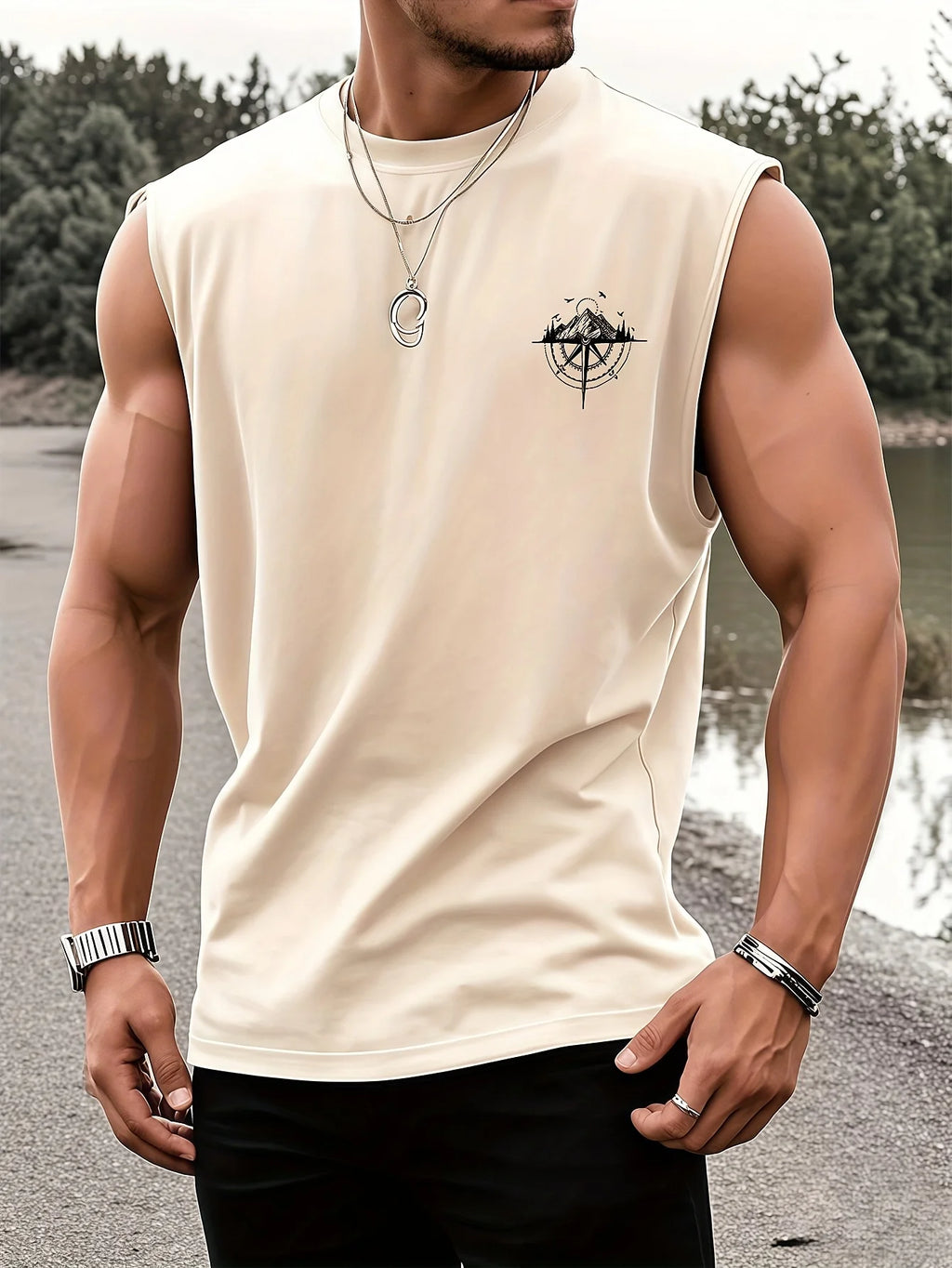 Men's Fashionable Casual Sports Loose Compass and Mountain Pattern Print Comfortable and Breathable Round Neck Sleeveless Vest - Matrix Studios