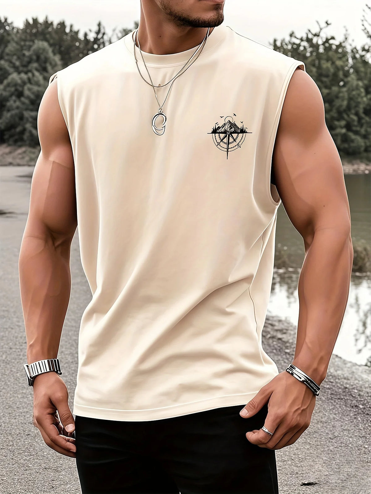 Men's Fashionable Casual Sports Loose Compass and Mountain Pattern Print Comfortable and Breathable Round Neck Sleeveless Vest - Matrix Studios
