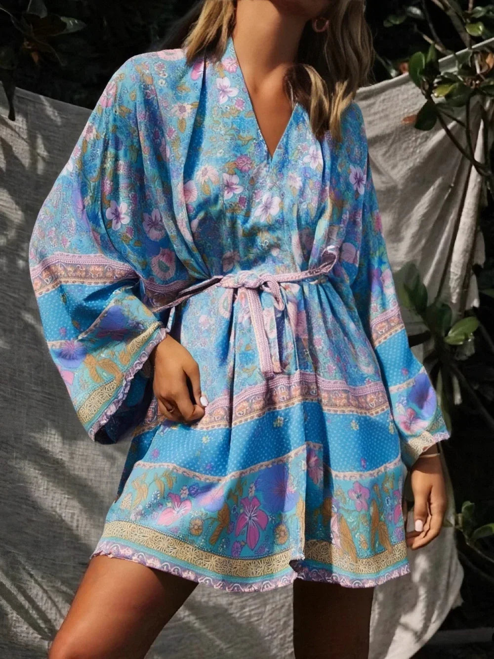 Boho Queens Floral Print Sashes Bohemian Kimono Women  V Neck Batwing Sleeves Short Robe Vacation Beach Bikini Cover-ups - Matrix Studios
