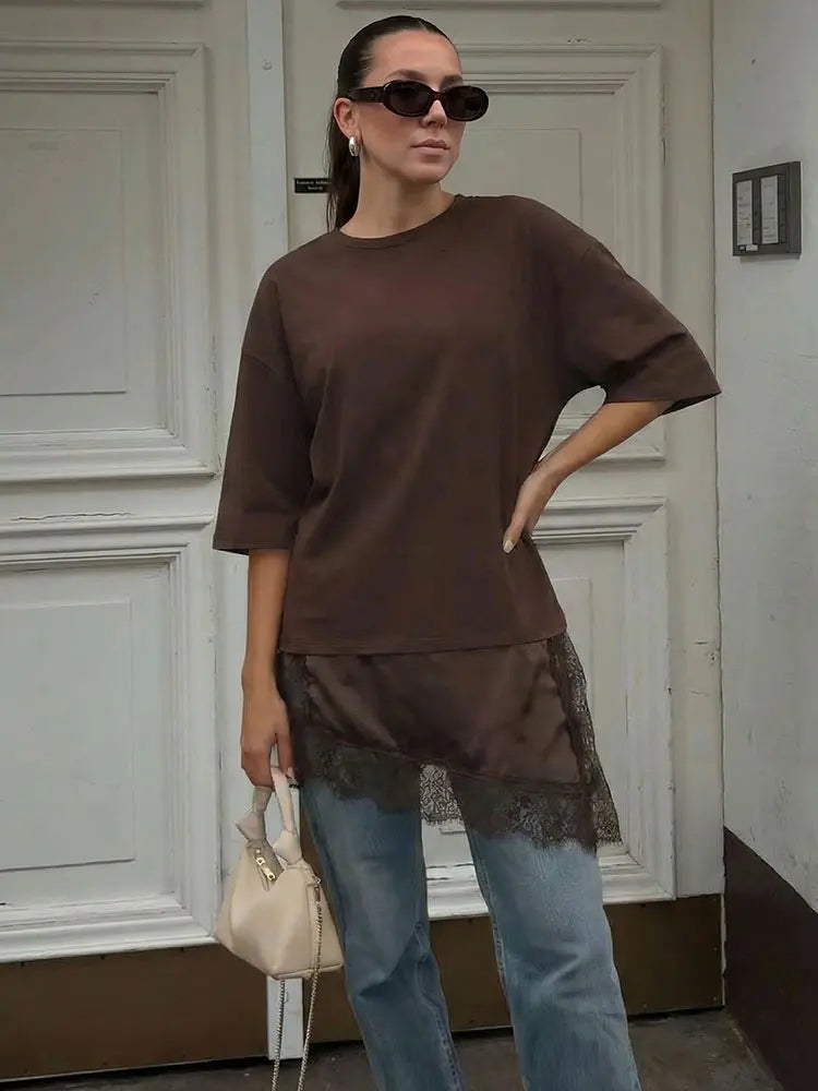 HH Women Vintage Solid Lace Patchwork T-Shirts Asymmetrical Hem O Neck Short Sleeve Shirt 2026 Trend High Street Lady Chic TEES - Matrix-studios.com