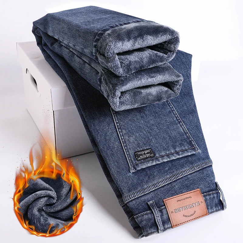 Winter Fleece Thick Warm Jeans Men's Slim Straight Elastic Denim Pants Casual Male Clothing Fashion Plush Trousers - Matrix Studios