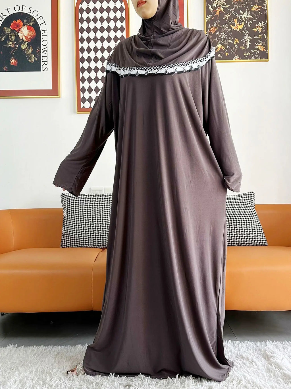 2023 Muslim Solid Cotton Abaya For Women Ramadan Prayer Garment Joint Hat Dubai Turkey Middle East Femme Robe Floral Loose Dress - Matrix-studios.com
