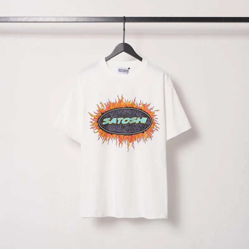 Flame Circular Letter Logo SATOSHI Tshirts Summer Breathable Cotton Round Neck Short Sleeve White Tops Men Women Street Outfit - Matrix-studios.com