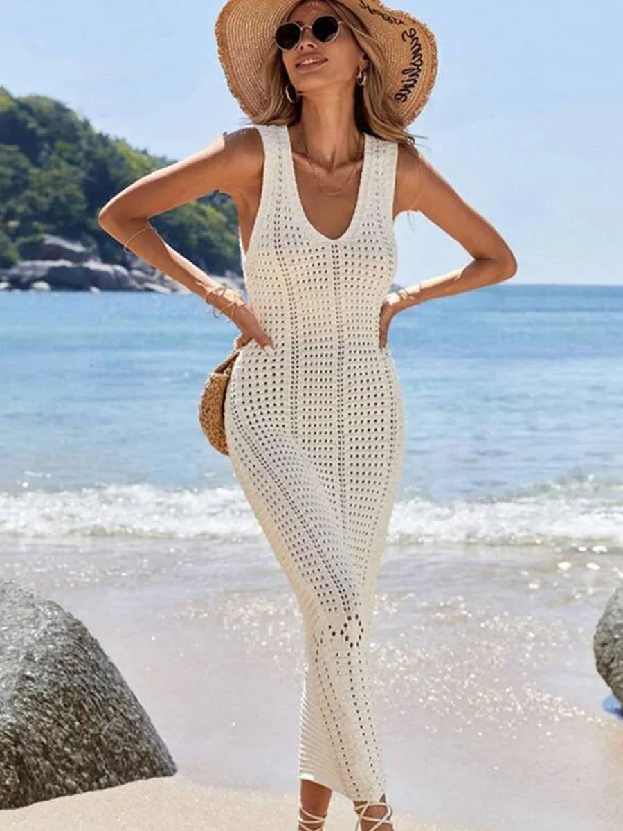 S - XL 2025 V Neck Hollow Out Crochet Knitted Tunic Beach Cover Up Long Cover-ups Beach Dress Beach Wear Beachwear Female Women - Matrix Studios