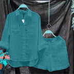 Summer Cotton Linen Casual Home 2 Piece Set For Women 2024 Fashion White Long Sleeve Shirt And Shorts Two Piece Sets Tracksuit - Matrix-studios.com