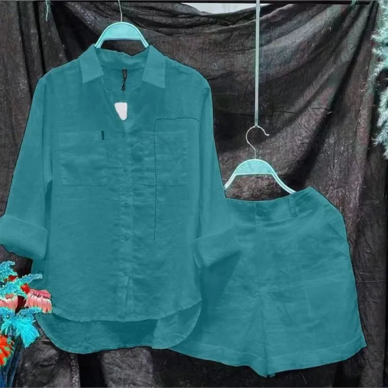 Summer Cotton Linen Casual Home 2 Piece Set For Women 2024 Fashion White Long Sleeve Shirt And Shorts Two Piece Sets Tracksuit - Matrix-studios.com