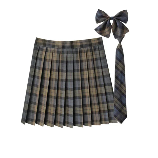 Women Summer Plaid Pleated Skirt With Necktie Bowtie Korean Jk Skirt Uniform Japanese School Preppy A Line Mini Skirts - Matrix-studios.com