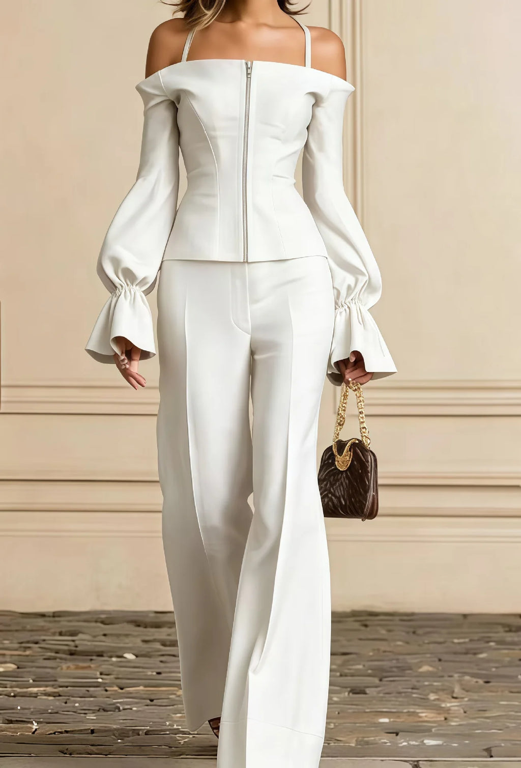 2 Piece Pants Set Women Solid Spaghetti Strap Lantern Sleeve Zip Slim Top Wide Leg Trousers Outfits Elegant Formal Office Suit - Matrix-studios.com
