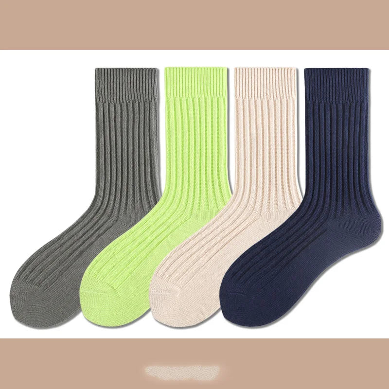 Solid Color Women Middle Tube Socks Candy Color Trend Men Socks Pure Cotton Comfort Retro Thick Lines Winter Socks - Matrix Studios