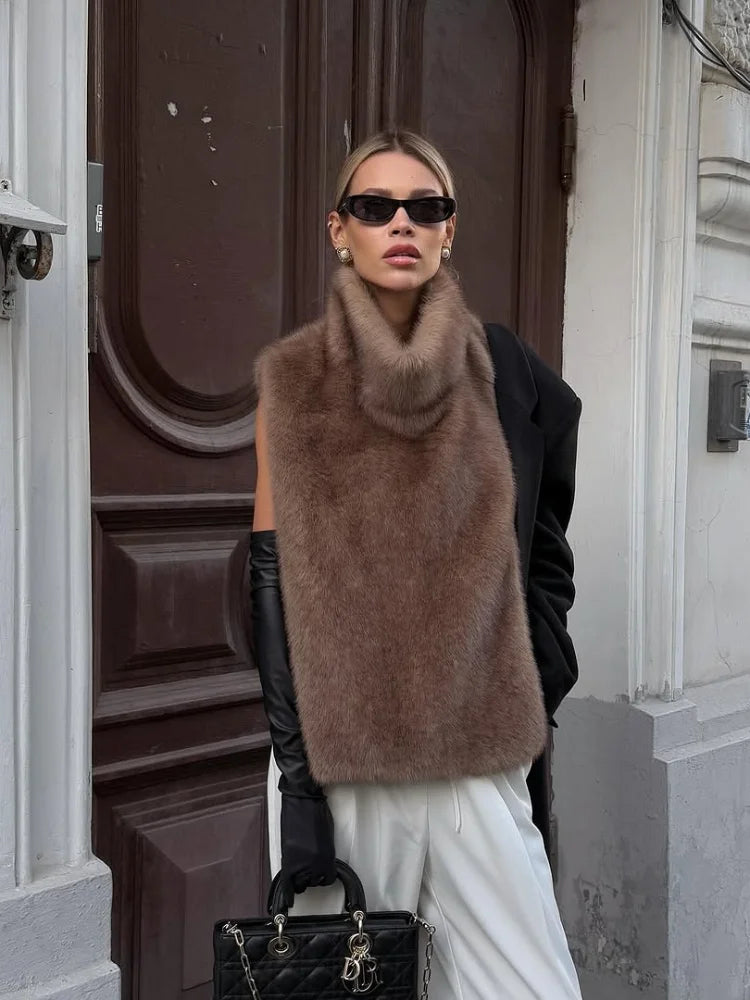 Brown Long Faux Fur Coat Women Fashion Full Sleeve Fluffy Loose Lace Up Overcoat 2025 Winter Lady Daily High Street Outwear - Matrix Studios