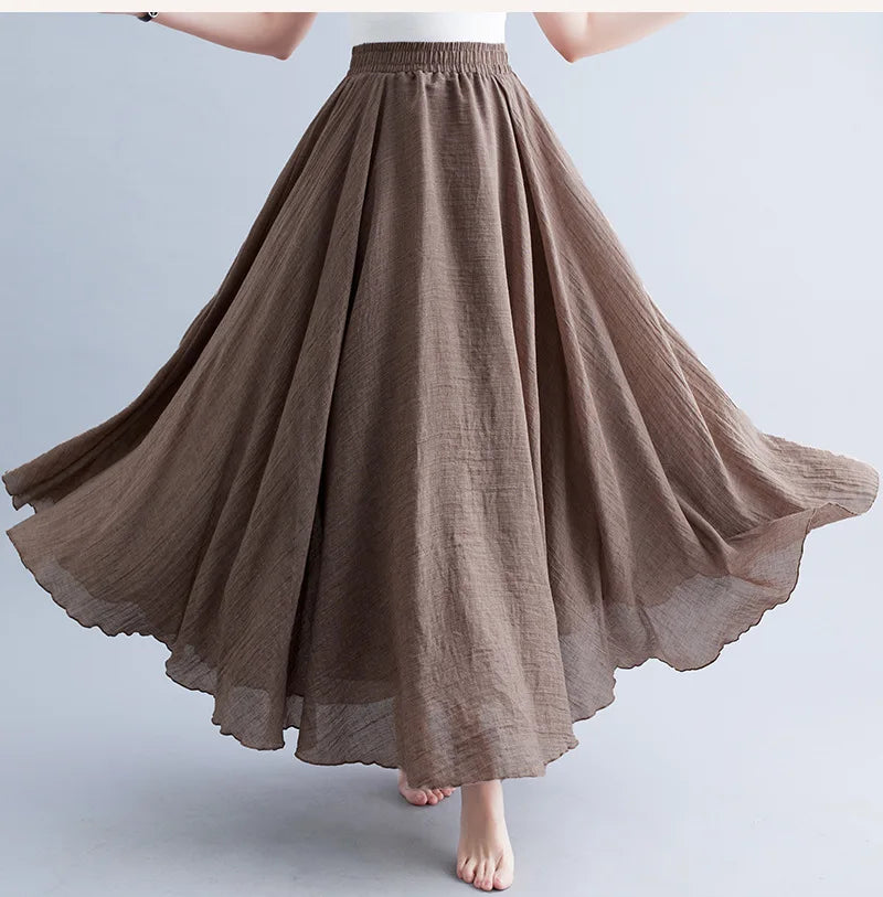 28-Color Mori Girl Literary Cotton Linen Dress Elastic Waist A-line Expansion Skirt Solid Color Ethnic Style Women Long Skirts - Matrix-studios.com