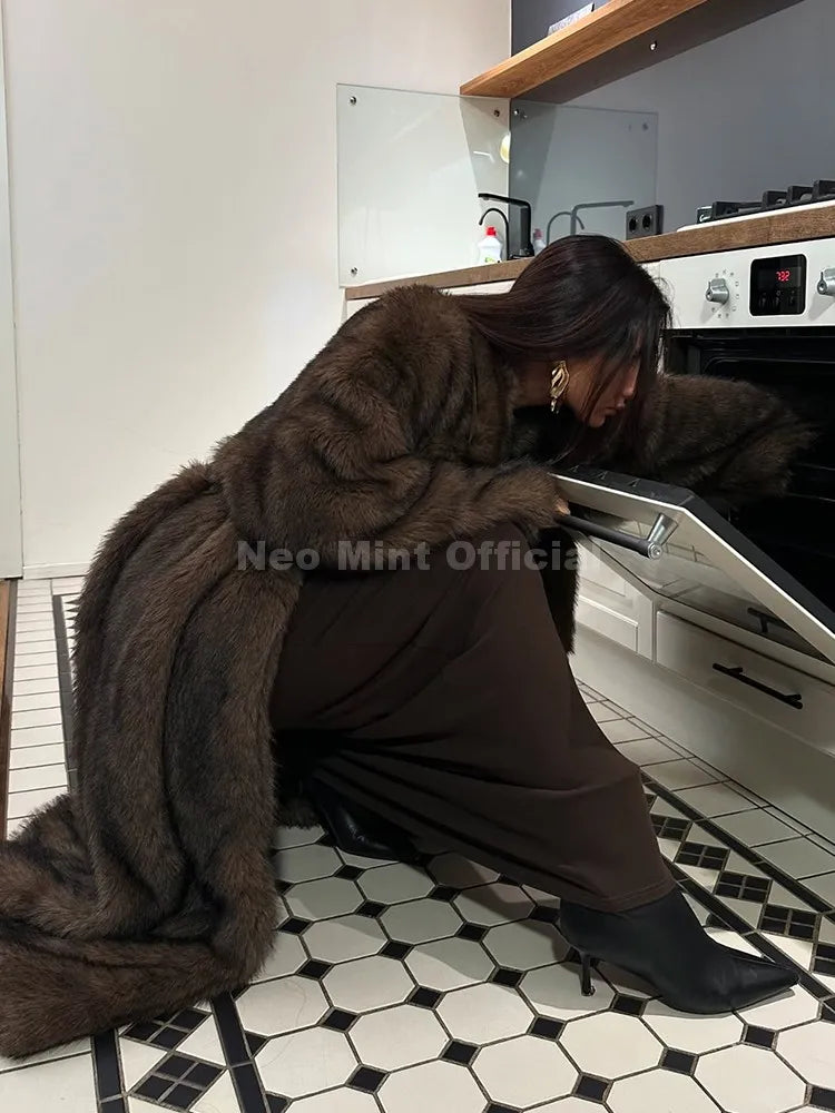 Neo Mint Winter Warm Fluffy Gradient Eco Fur Jacket Women Luxury Long Faux Fox Fur Coat Street Furry Outerwear Overcoat - Matrix Studios
