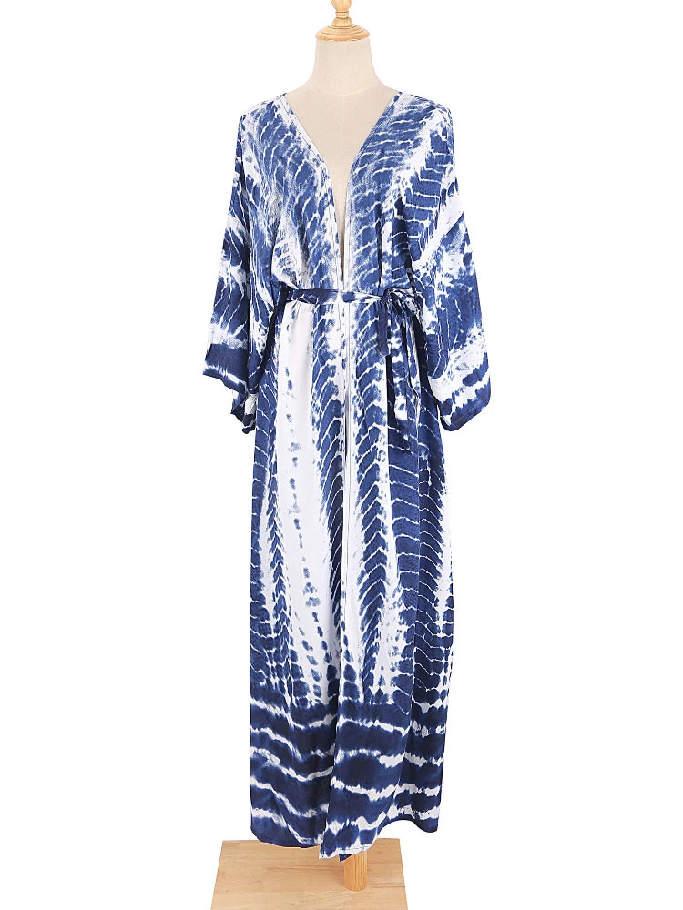 Bikini Cover Up Tie Dye Printed Women Long Beach Kimono Swimsuit Cape 2022 New Summer Beachwear Self Belted Bathing Suit - Matrix Studios