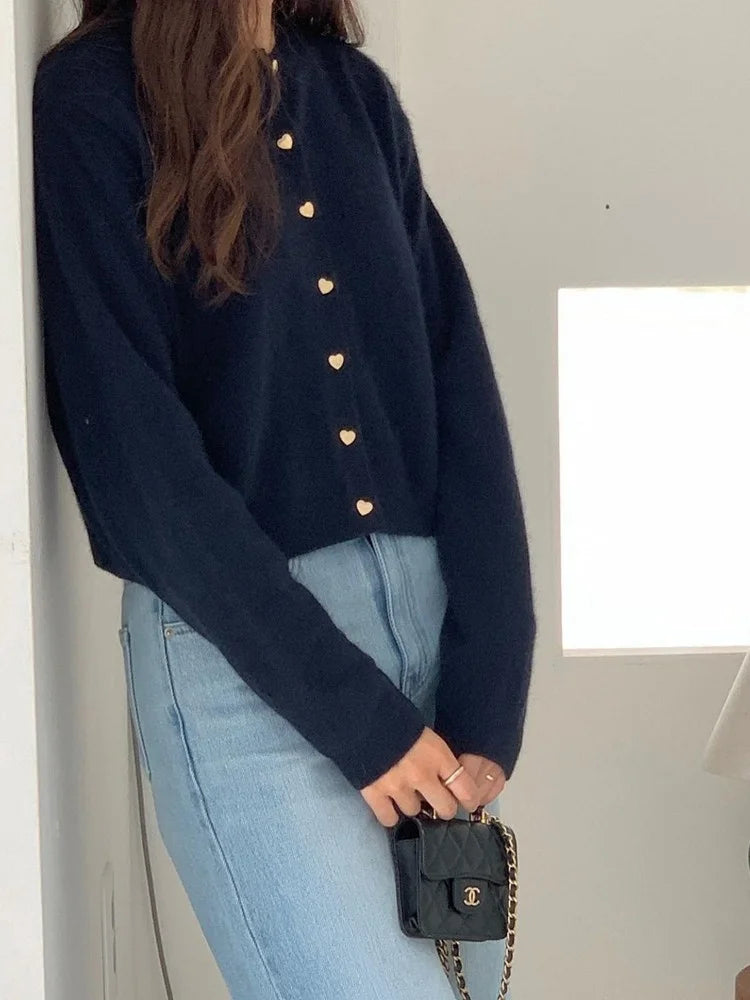 Knitted Cardigan Women's Spring Autumn Gentle Style Short Single Breasted Heart Button Design Sweet Sweater Coat Versatile - Matrix Studios