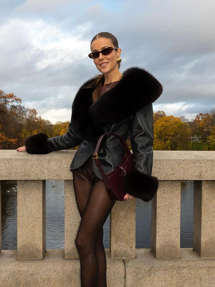 Black Faux Fur Collar Leather Jacket Elegant Lapel V-neck Waist Cinching Long-sleeved Short Coats Lady Winter Commute Coat 2026 - Matrix Studios