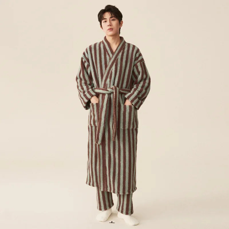 Thickened Flannel Robe Pants Pajamas Set Autumn Winter New Couple Coral Velvet Women Men Bathrobe Striped Lengthed Home Clothes - Matrix-studios.com