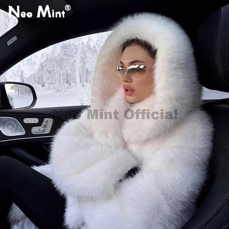 Neo Mint Winter 2025 Pure White Mountain Fashion Hooded Cropped Faux Fur Coat Women Fluffy Eco Fox Fur Jacket Girls Hot Overcoat - Matrix Studios