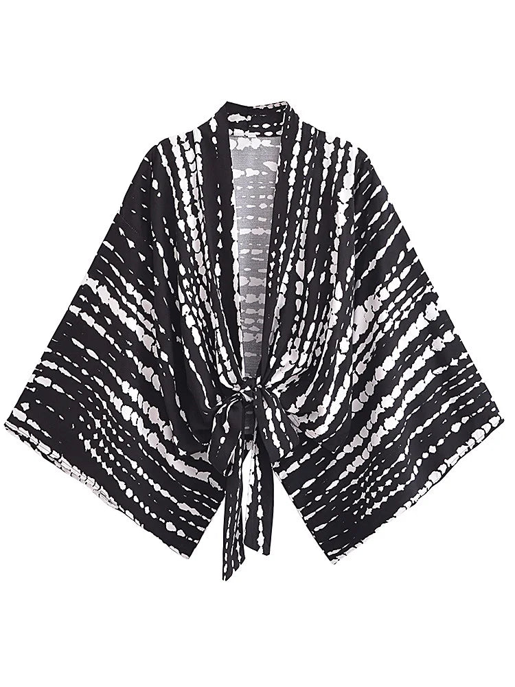 Vintage Boho Kimono Short Robe Swimsuits Women Fashion Black Floral Print Batwing Sleeves Bohemian Bikini Cover Ups Beachwear - Matrix Studios
