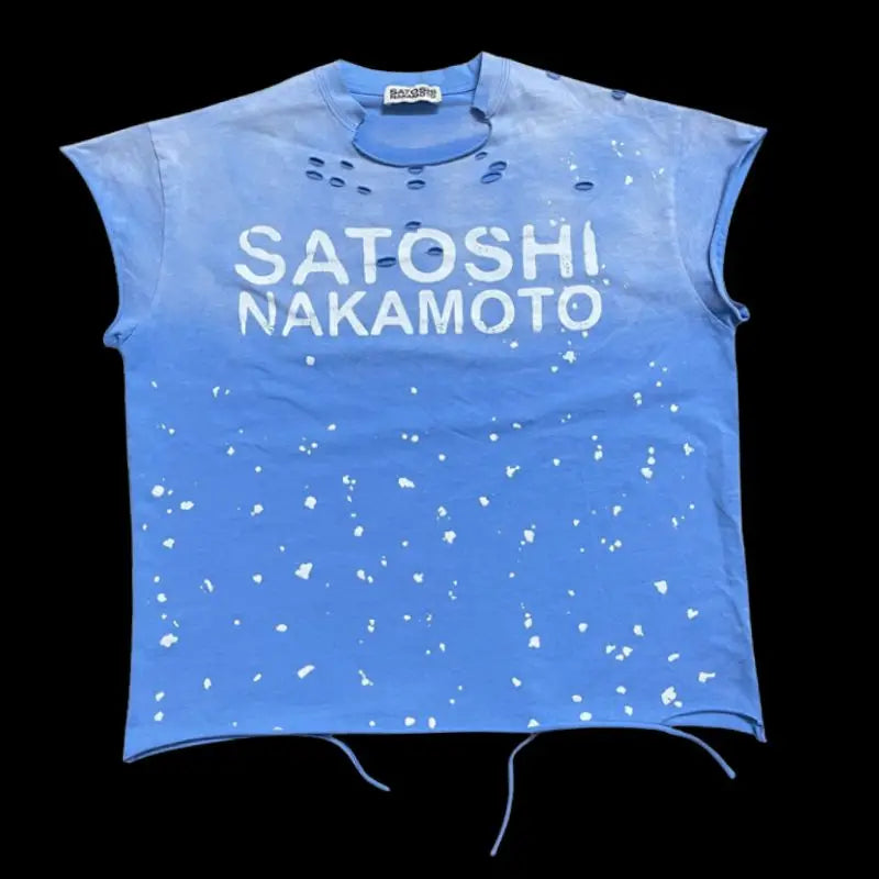 Summer SATOSHI Waistcoat Blue Splash Ink Destruction Sleeveless Tank Top Retro Fading Letter Tshirt Men Women Vest Streetwear - Matrix-studios.com