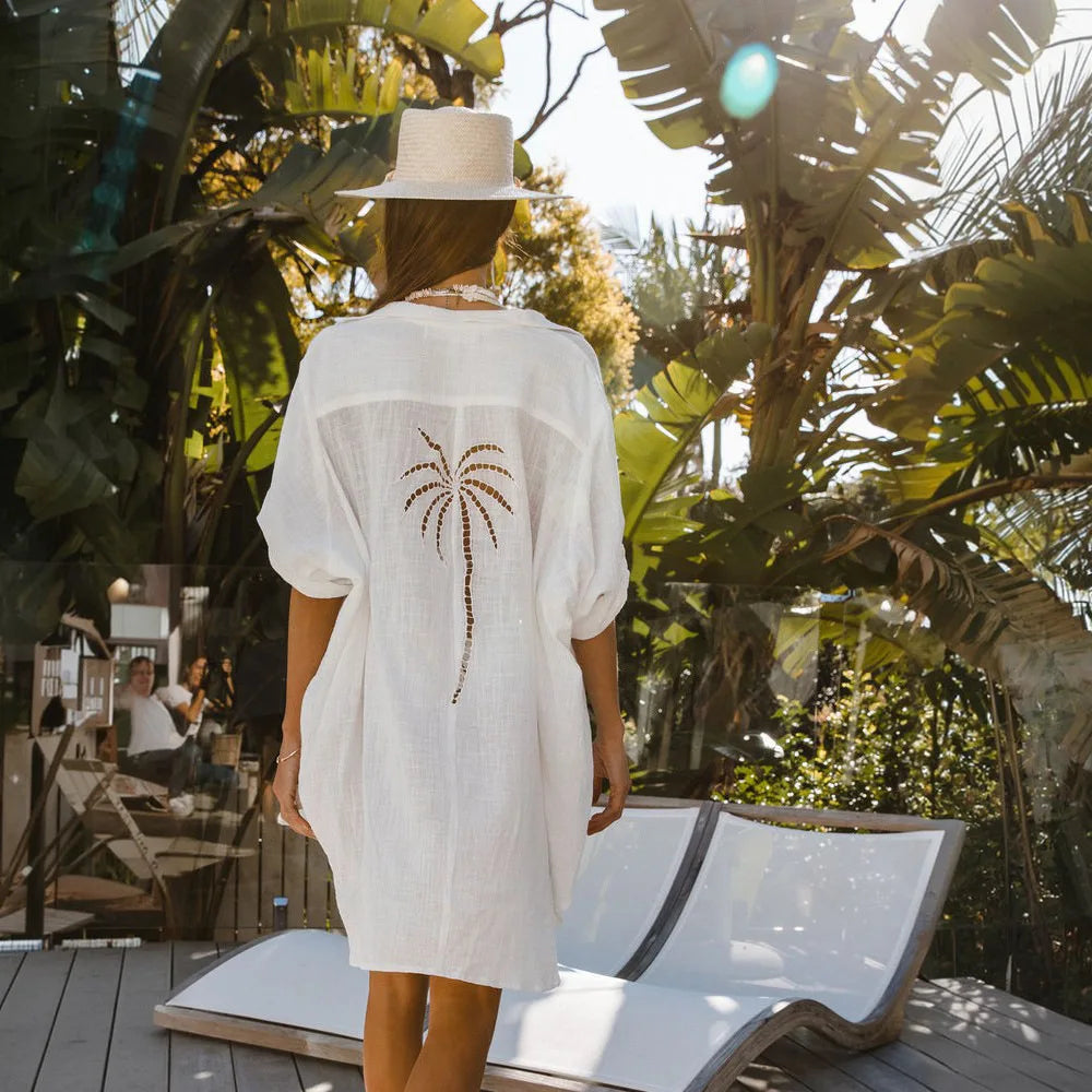 Beach Capes Swimsuit Dress Short 2026 Pareo Playa Bath Exits Bathing Suit Cover Ups New V Neck Boho Holiday Tunics With Sleeve - Matrix Studios