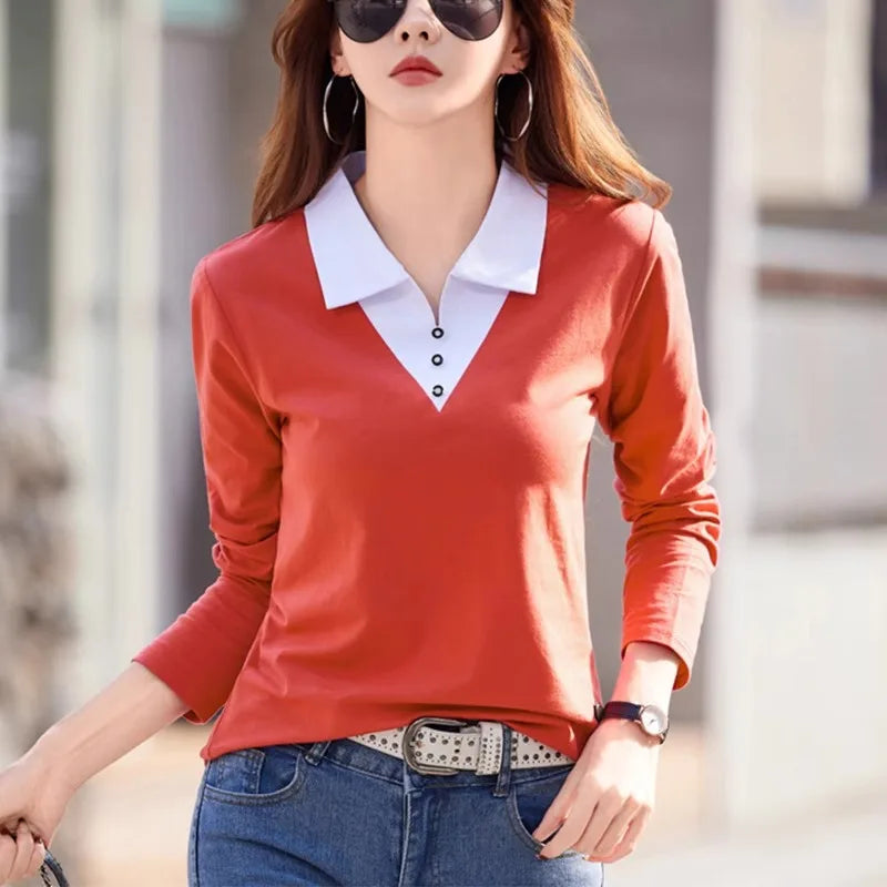 European Station Long sleeved T-shirt Women's Spring/Summer New High end Fashion Contrast Color Polo Neck Slim Fit Casual Top - Matrix-studios.com
