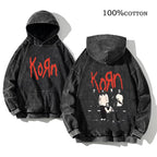 Korn Rock Band World Tour Hoodies Vintage Washed Men's Sweatshirts Cotton Hip Hop Streetwear Hooded Pullover Loose Y2K Tops - Matrix Studios