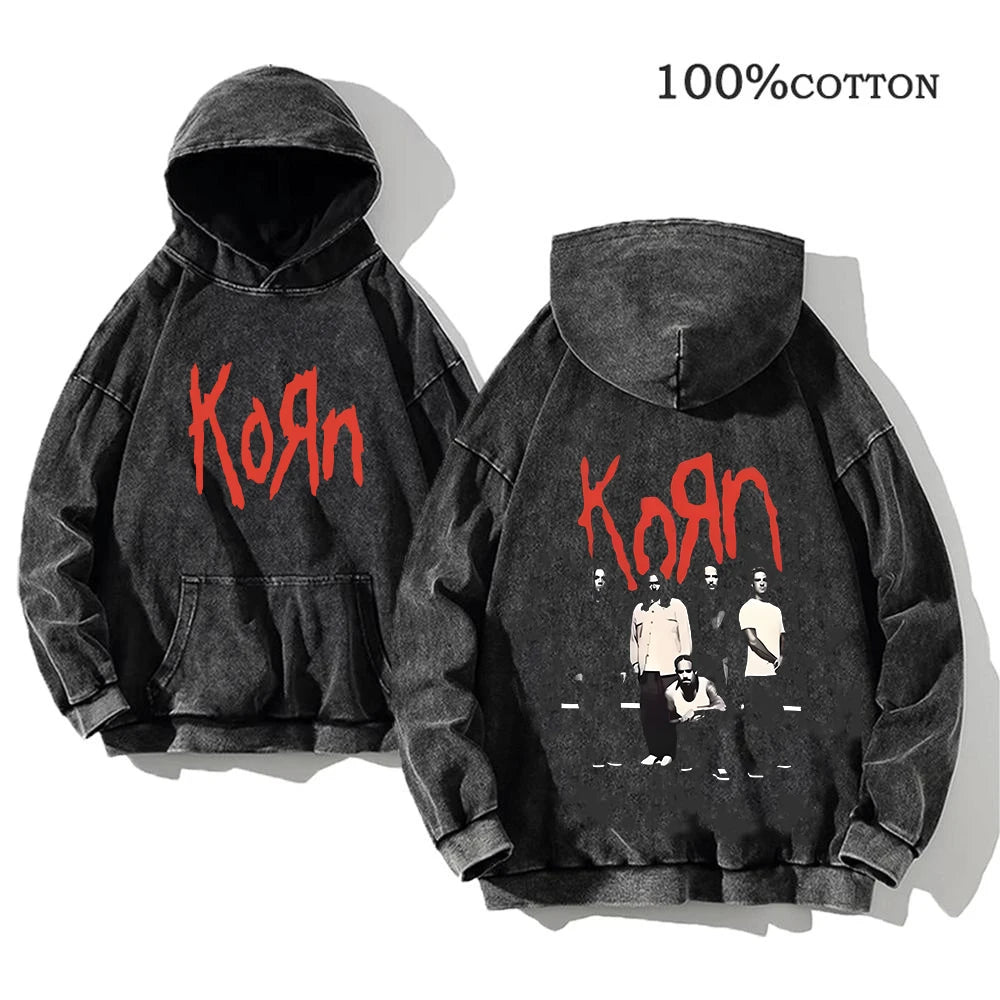 Korn Rock Band World Tour Hoodies Vintage Washed Men's Sweatshirts Cotton Hip Hop Streetwear Hooded Pullover Loose Y2K Tops - Matrix Studios