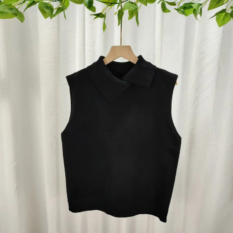 Autumn Winter Korean Solid Color Lapel Sleeveless Versatile Casual Knitted Vest For Women - Matrix Studios