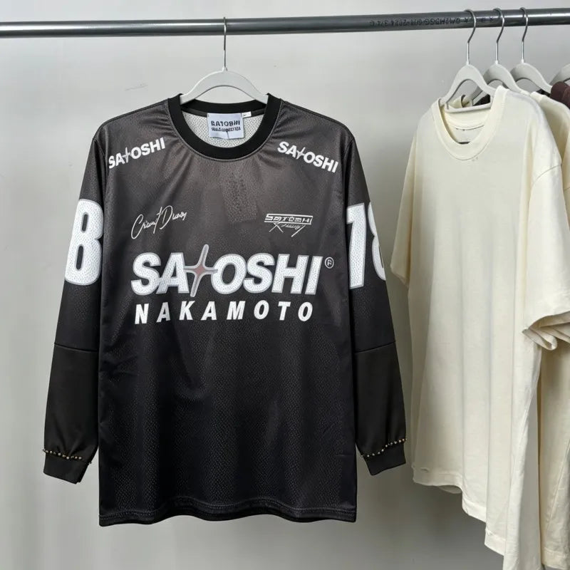 Mesh Patchwork Men Women 2XL No.18 Jersey Black SATOSHI Long Sleeve Nail Bead Racing Print Tshirts Loose Street Sports Pullover - Matrix-studios.com