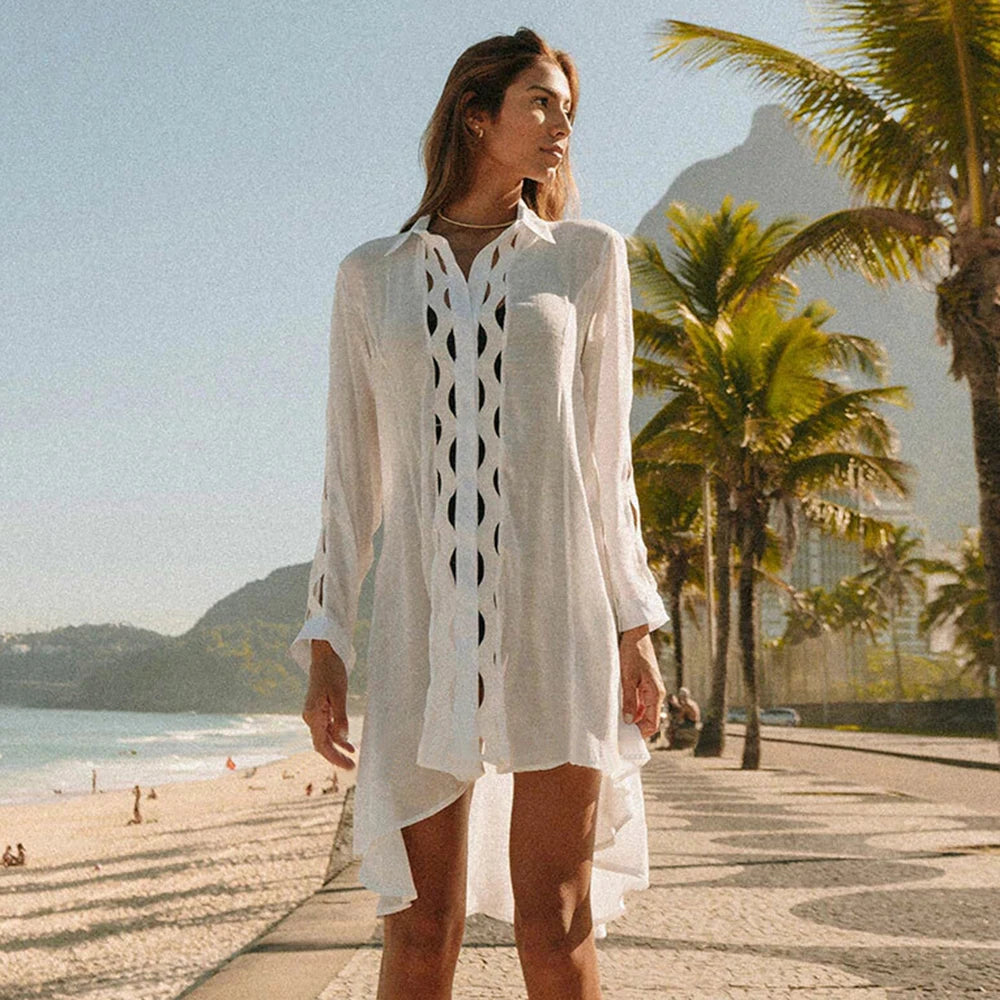 Bikini Cover Up Lace Hollow Crochet Swimsuit Beach Dress Women 2025 Summer Ladies Cover-Ups Bathing Suit Beach Wear Tunic - Matrix Studios