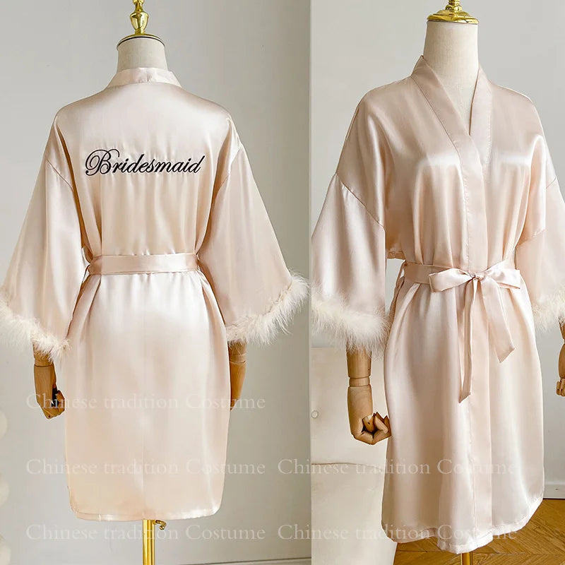 White Bride Wedding Robe with Feathers Women Satin Peignoir Sexy Bridesmids Kimono Gowns Short Bathrobe Bridal Intimate Lingerie - Matrix-studios.com