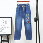 Middle-aged Women's Jeans Spring Autumn Stretch Waist Straight Denim Pants Large Size Loose High Waist Casual Black Blue Trouser - Matrix-studios.com
