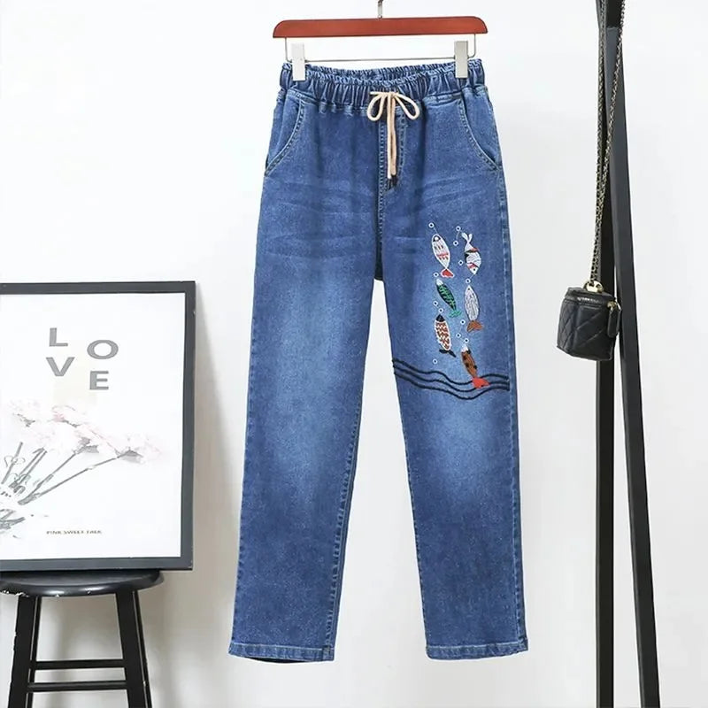 Middle-aged Women's Jeans Spring Autumn Stretch Waist Straight Denim Pants Large Size Loose High Waist Casual Black Blue Trouser - Matrix-studios.com