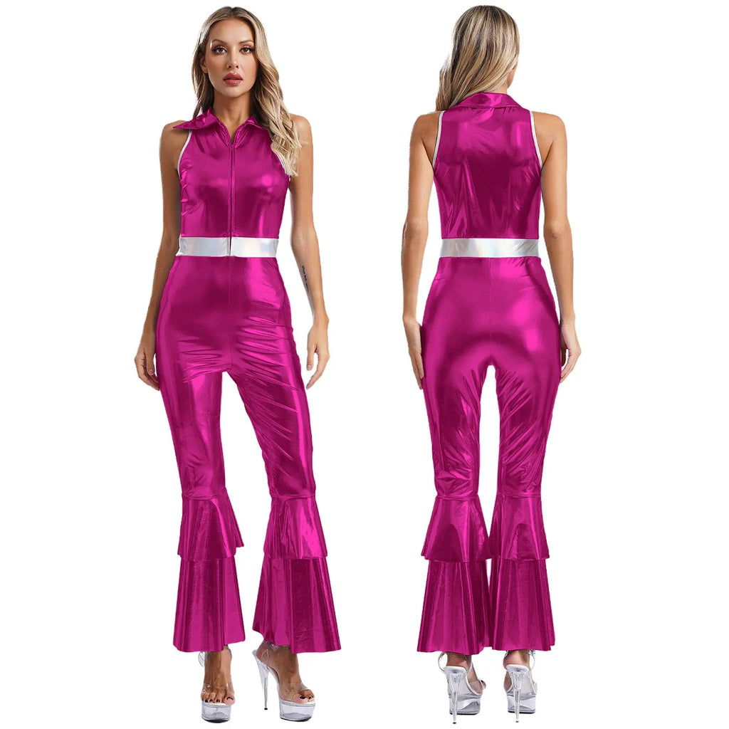 Womens 70S Disco Vintage Jumpsuit Metallic Shiny Flare Sleeve Bodysuit Hippie Bell Bottom Jazz Dance Carnival Rave Party Costume - Matrix Studios