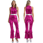 Womens 70S Disco Vintage Jumpsuit Metallic Shiny Flare Sleeve Bodysuit Hippie Bell Bottom Jazz Dance Carnival Rave Party Costume - Matrix Studios
