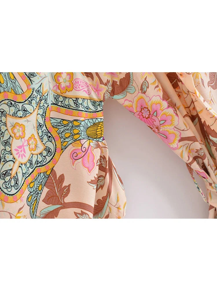 Happie Queens Vintage Peacock Floral Print Sashes Bohemian Kimono Women  V Neck Batwing Sleeves Short Robe Boho Bikini Cover-ups - Matrix Studios