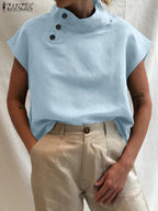 ZANZEA Fashion Women Blouses 2024 Summer Cotton Linen Blusas Mujer Stylish White Shirt Elegant Short Sleeve Tunics Lightweight - Matrix-studios.com