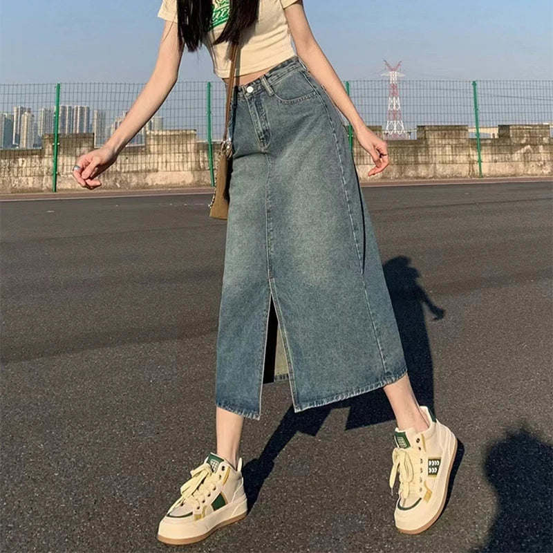 Summer New High-waist Slit Denim Skirt For Women Washed Retro A- line Skirt Hip-covering Straight Long Skirt - Matrix-studios.com