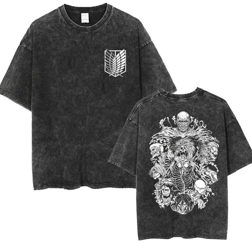 Anime Attack on Titan Vintage Washed Print T-shirt Mikasa Ackerman Eren Jaeger Wings of Freedom Logo Mens Summer Cotton T-shirts - Matrix Studios