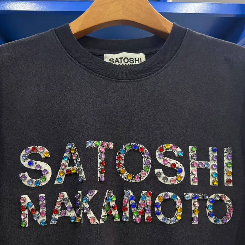 American Style Street Fashion Brand Satoshi Nakamoto Tops New Summer Men's Women's Glittering Rhinestones Short Sleeved - Matrix-studios.com