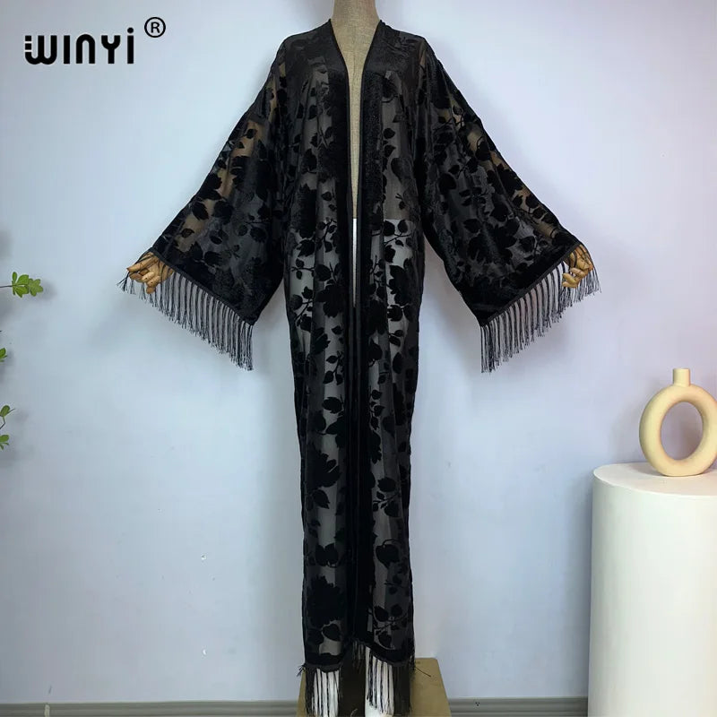 WINYI Middle East Coat Muslim Fashion Kaftan kimono maxi Robes Streetwear Open Abaya Perspective elegant dress beach cover up - Matrix Studios
