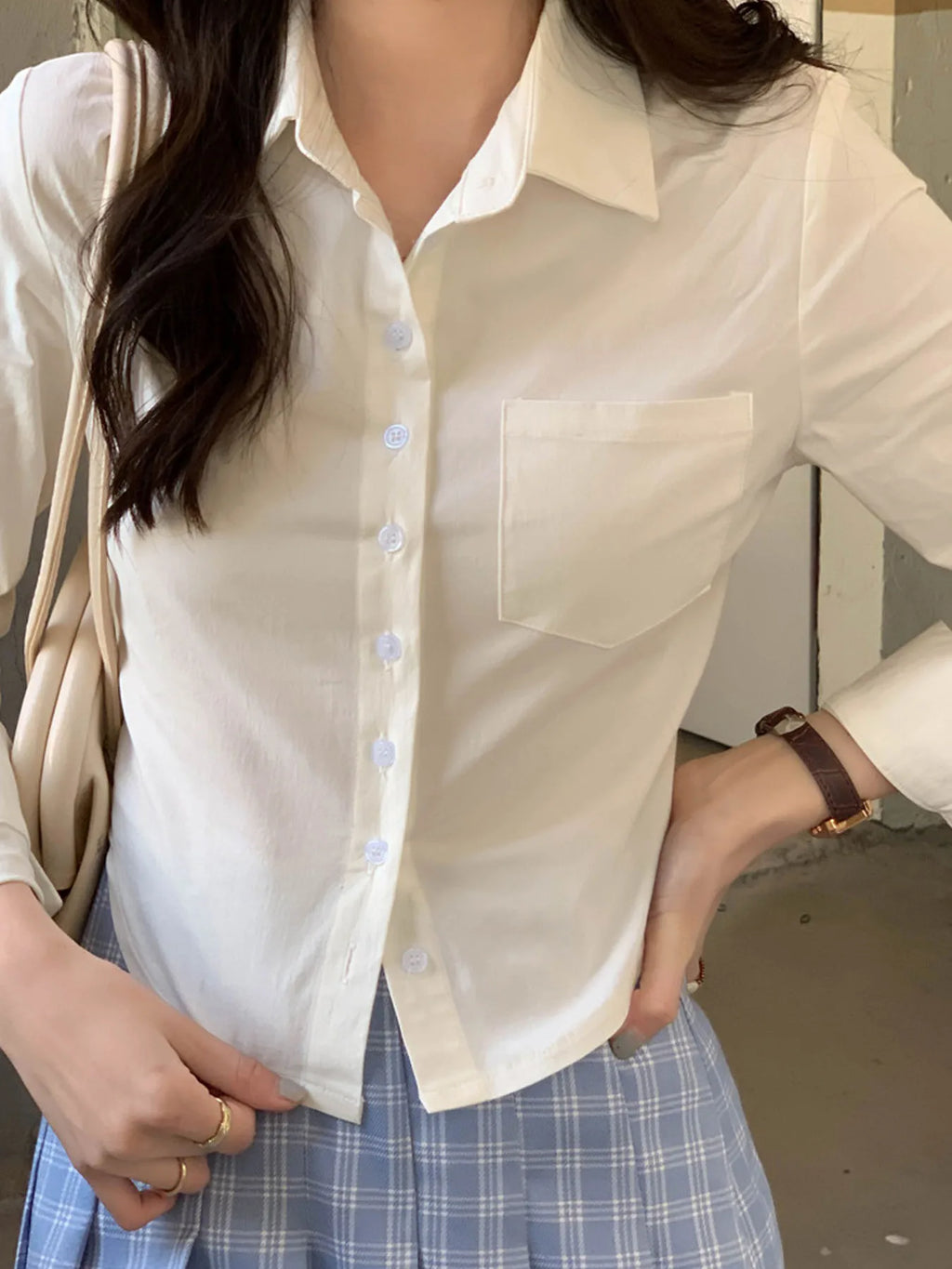 Korean White Office Women Chiffon Shirt Pocket Button Lapel Ladies Blouse Spring Commuter Long Sleeve New Female Crop Tops - Matrix-studios.com