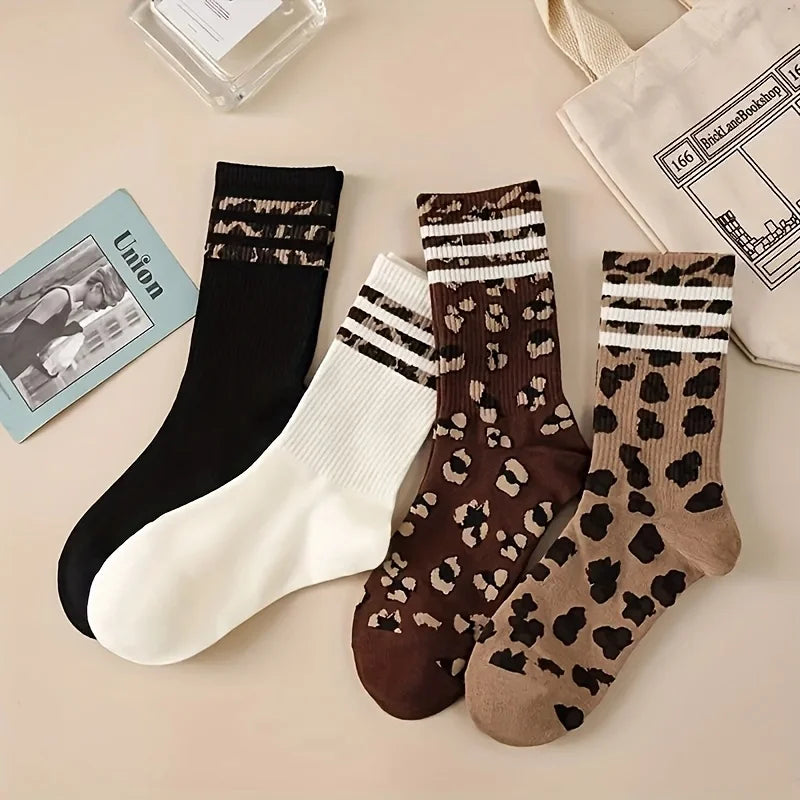 4 Pairs Women's Striped Socks Soft Comfortable Casual Sports Sock Leopard Print  Breathable Fashion Middle Tube Sox High Quality - Matrix Studios