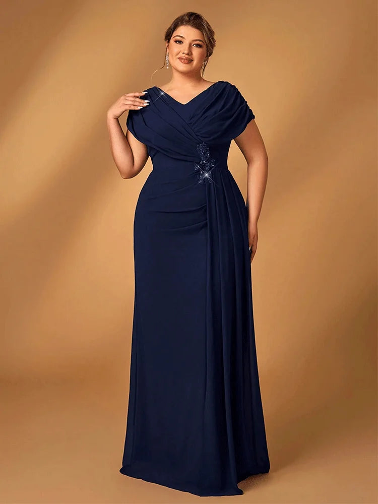 Suhdeuwsh Plus Size Luxury Mom Wedding Reception Party Luxury Shiny Plus Size Chiffon Mother Navy Blue Evening Dress - Matrix-studios.com