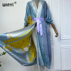 NEW WINYI Summer 2024 Print Middle East Kimono Beach Cover Up Dress Elegant African Women Boho Cardigan Holiday Maxi Abaya - Matrix Studios