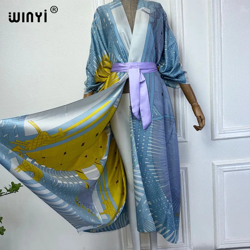 NEW WINYI Summer 2024 Print Middle East Kimono Beach Cover Up Dress Elegant African Women Boho Cardigan Holiday Maxi Abaya - Matrix Studios