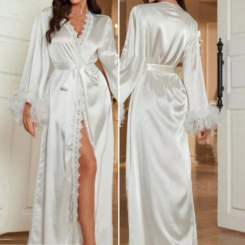 Luxury Long Bride Wedding Robe Dress with Feather Elegant Ice Silk Long Kimono Bathrobe Gown Yukata Sexy Loose Homewear Pajama - Matrix-studios.com