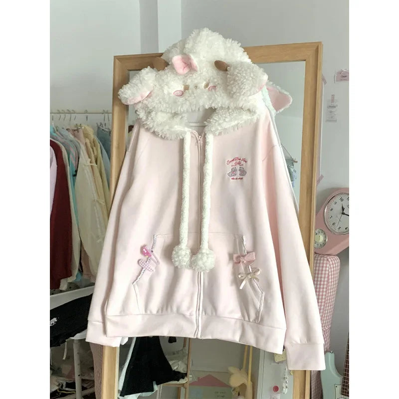 Vintage Kawaii Long Sleeve Loose Coat with Hooded Women Japanese Cute Zipper Sweatshirts Female Casual Y2k Jacket Overcoat Chic - Matrix Studios